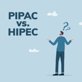 A confused cartoon person stands in front of a large blank background, staring at text that reads, "PIPAC vs. HIPEC."