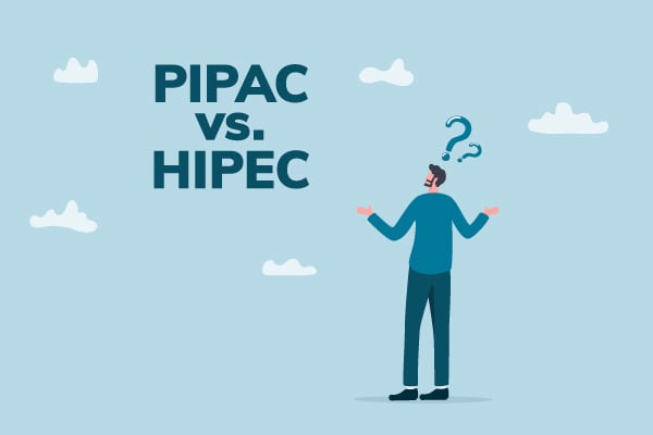 A confused cartoon person stands in front of a large blank background, staring at text that reads, "PIPAC vs. HIPEC."