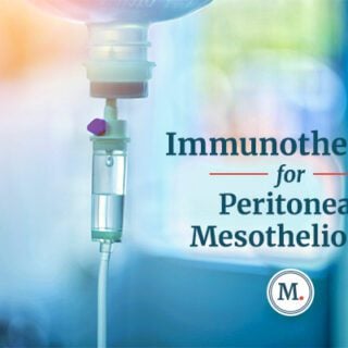 Image depicts a hanging bag of intravenous immunotherapy drugs behind the title text: Immunotherapy for Peritoneal Mesothelioma.